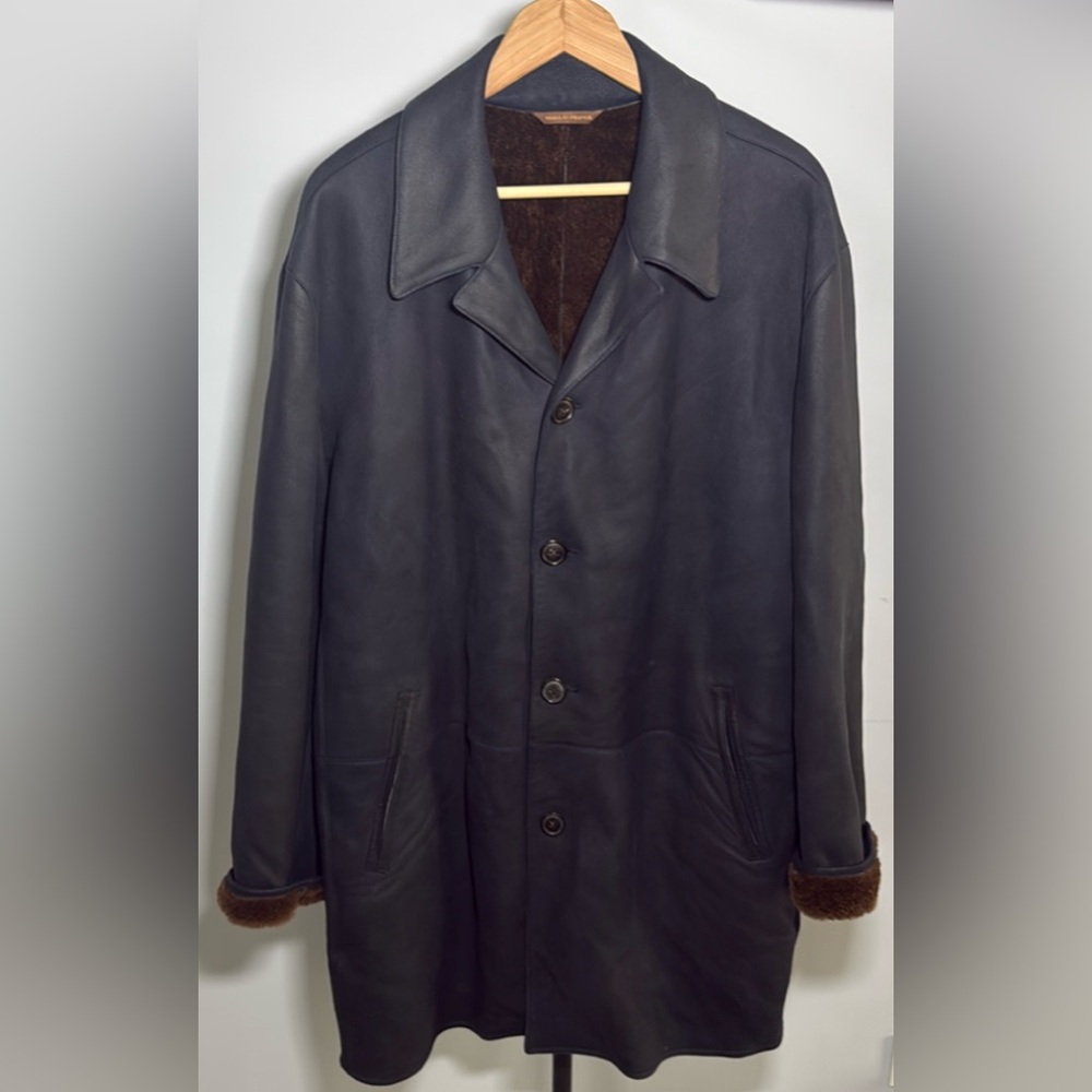 Vintage Seraphin France Mouton Shearling Tan Leather Coat Maker of Hermes, EU 52